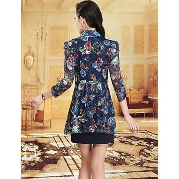 Women's Casual/Daily / Plus Size Street chic Sheath Dress,Print Shirt Collar Above Knee ? Sleeve Blue Polyester Summer