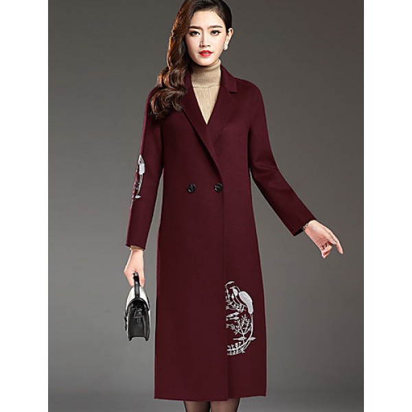 Women's Plus Size Street chic CoatPrint Notch Lapel Long Sleeve Fall / Winter Red / Black / Gray Wool / Polyester Thick