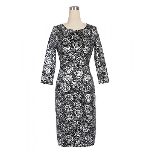 Women's Party/Cocktail Plus Size Dress,Floral Round Neck Knee-length ? Length Sleeve Black Cotton / Polyester All Seasons