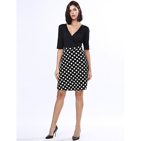 Women's Casual/Daily Plus Size Dress,Solid / Polka Dot V Neck Knee-length ? Length Sleeve Black Polyester Fall