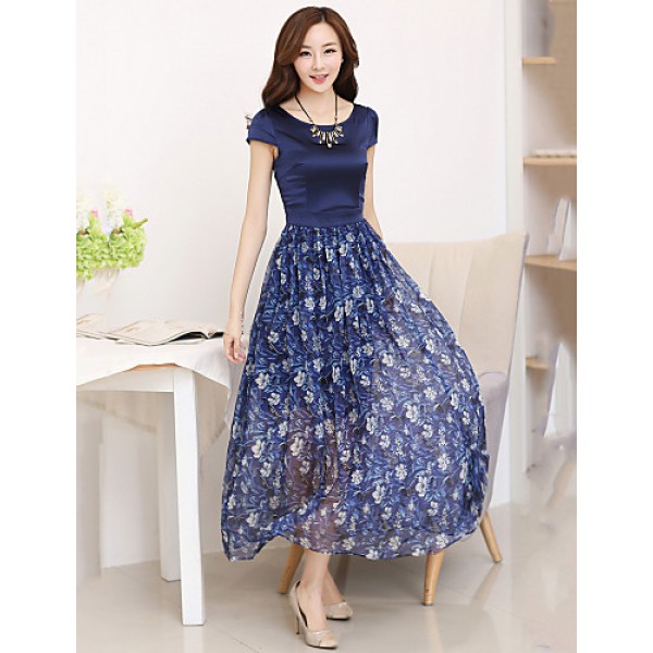 Women's Casual/Daily / Plus Size Vintage Swing Dress,Floral Boat Neck Maxi Short Sleeve Blue Silk Summer High Rise Micro-elastic Thin