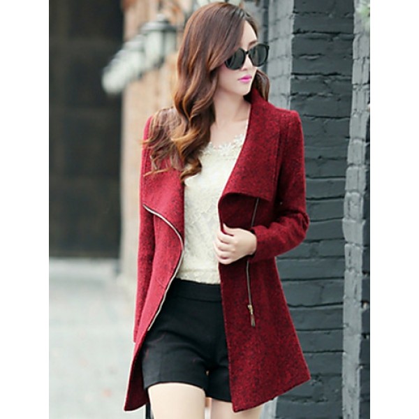 Women's Casual/Daily Simple Coat,Print Shirt Collar Long Sleeve Winter Red / Gray Wool Thick