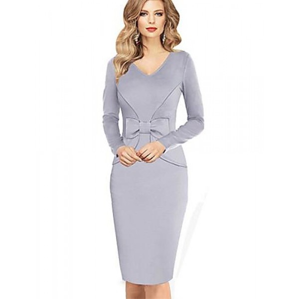 Women's Vintage Blue/Gray/Purple V Neck Midi Dress, Cotton Blends Knee-length Long Sleeve