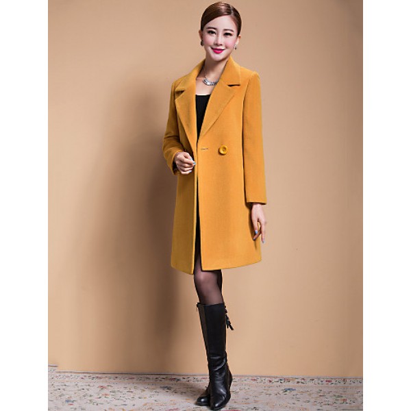 Women's Solid Blue / Black / Yellow Casual Loose Long Woolen Overcoat , Work / Plus Sizes Long Sleeve Wool