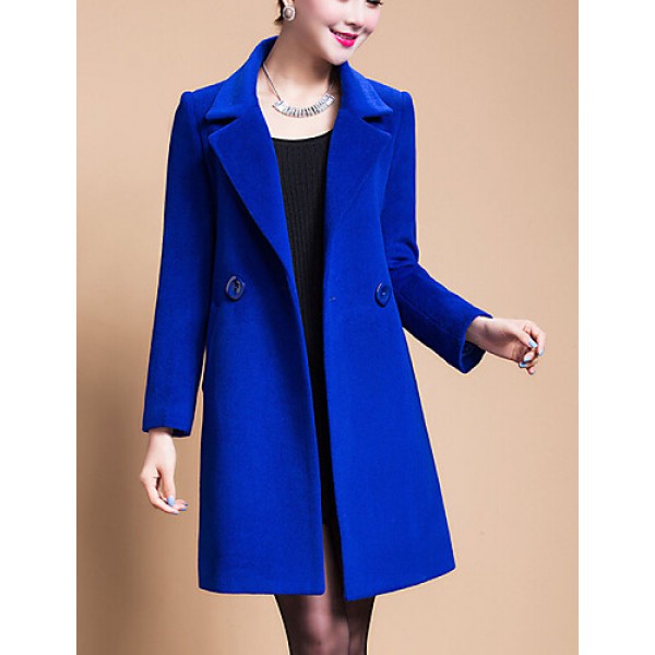 Women's Plus Size Coat,Solid Shirt Collar Long Sleeve Winter Blue / Black / Yellow Wool / Others Thick