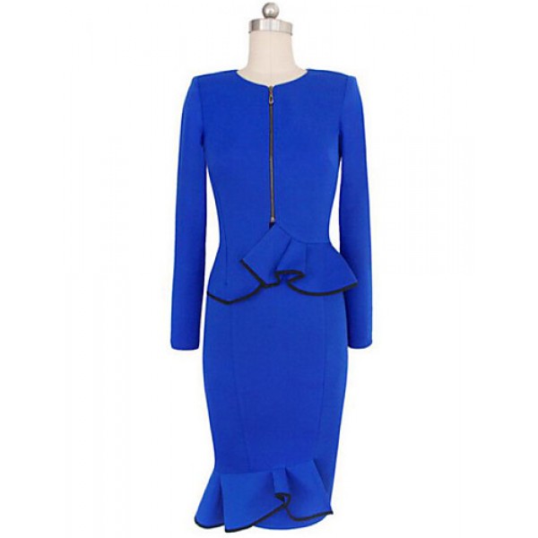 Women's Fashion Retro Bodycon O Neck Long Sleeve Pattern Color Dress