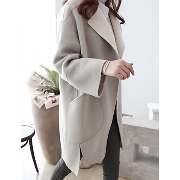 Women's Casual/Daily Simple CoatSolid Round Neck Long Sleeve Winter Gray Wool Thick