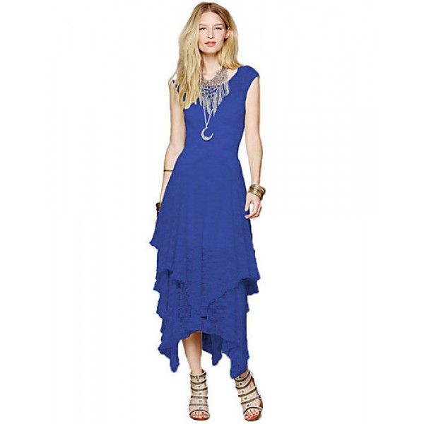 Women's Beach Lace / Skater Dress,Solid Round Neck Maxi Sleeveless Blue / Black Acrylic Spring