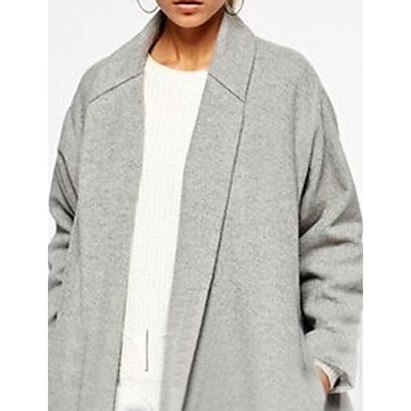 Women's Coat,Solid Shirt Collar Long Sleeve Winter Gray Wool Opaque