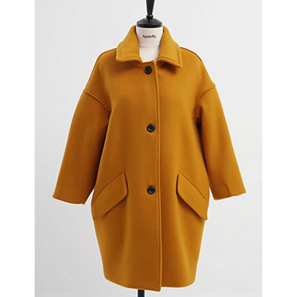 Women's Casual/Daily Simple Coat,Solid Shirt Collar Long Sleeve Winter Blue / Pink / Yellow Wool Thick