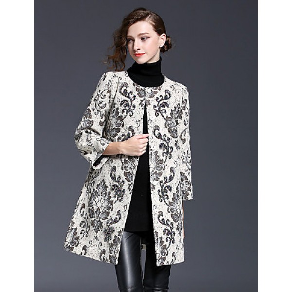 Women‘s Going out Sophisticated CoatFloral Round Neck Long Sleeve Winter White