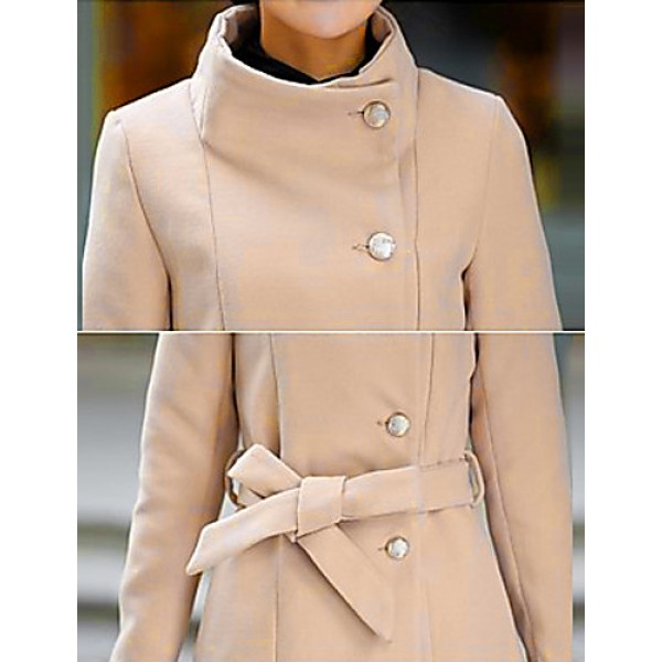 Women's Vintage / Cute Trench Coat,Solid Long Sleeve All Seasons Beige / Black / Gray Wool Medium