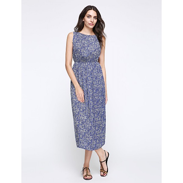 Women's Casual/Daily / Holiday / Plus Size Boho Chiffon / Swing Dress,Print Round Neck Midi Sleeveless Blue Polyester Summer High Rise